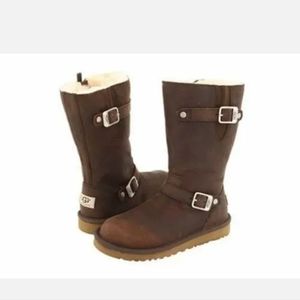 Women's UGG Kensington Size 7 Moto Toast Brown Leather Boots